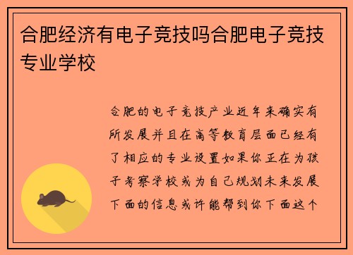 合肥经济有电子竞技吗合肥电子竞技专业学校